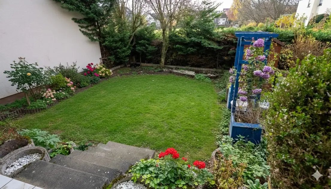 Eigentumswohnung Kalbach Frankfurt – Gepflegter Garten mit Blumen